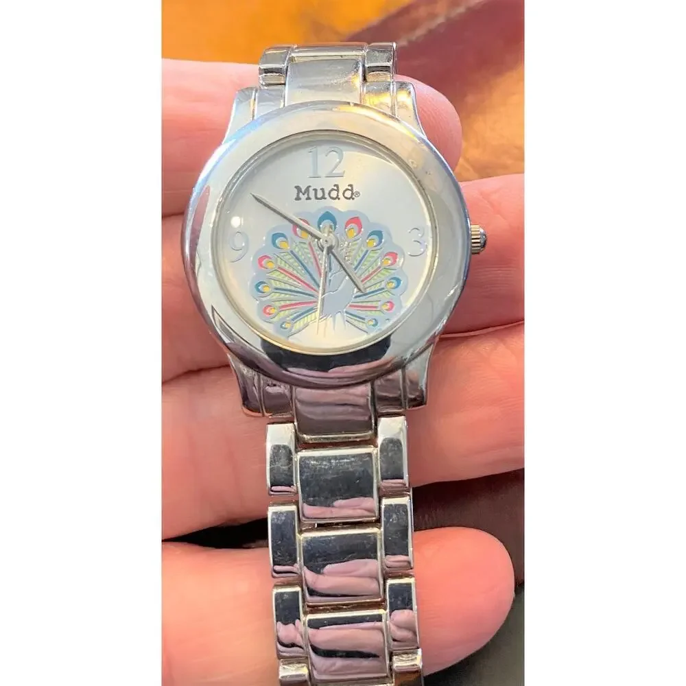 Women's 33mm Silver Tone Mudd Watch, Peacock Design Face